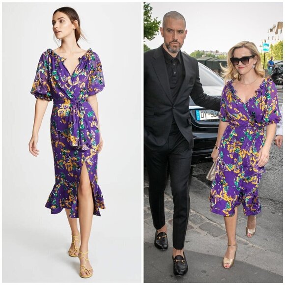 💕SALONI💕 Olivia Floral Printed Silk Midi Dress ~ Violet Sweetpeas US 4 - Picture 1 of 16